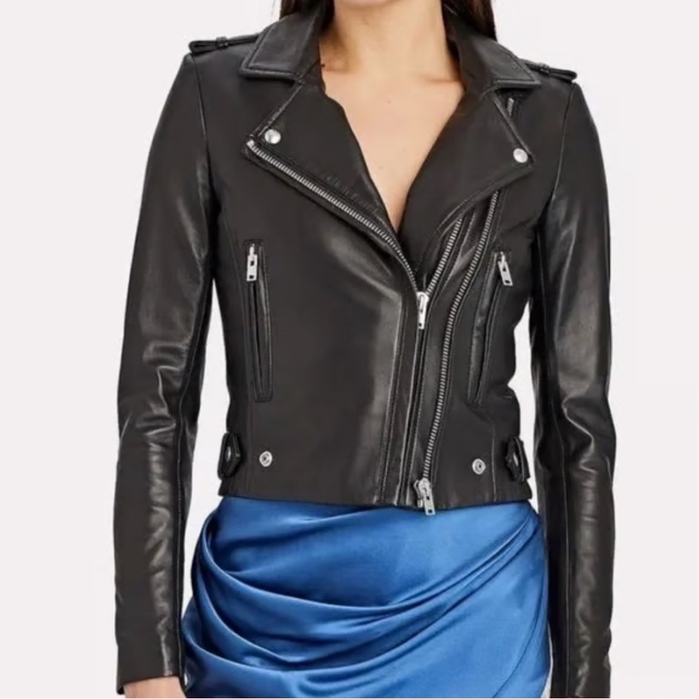 IRO Black Leather Biker Jacket Dylan Size 36 Lambskin Cropped Moto US 4 XS/S - Picture 9 of 12